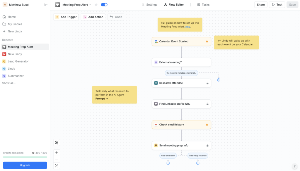 Lindy AI email assistant interface showing automated workflow integration