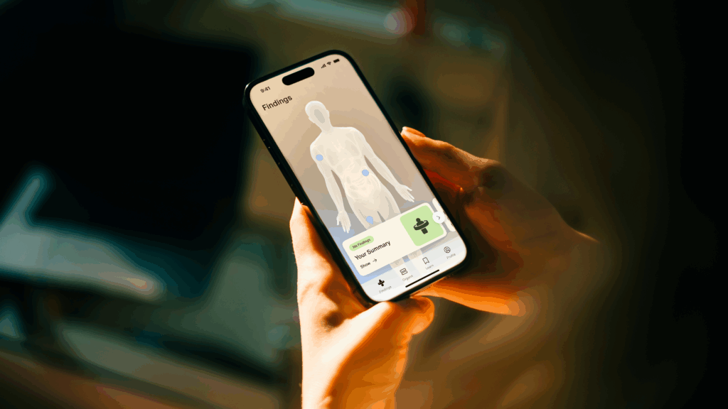 Aeon app displaying comprehensive health check-up results with MRI, blood biomarkers, and genetic data